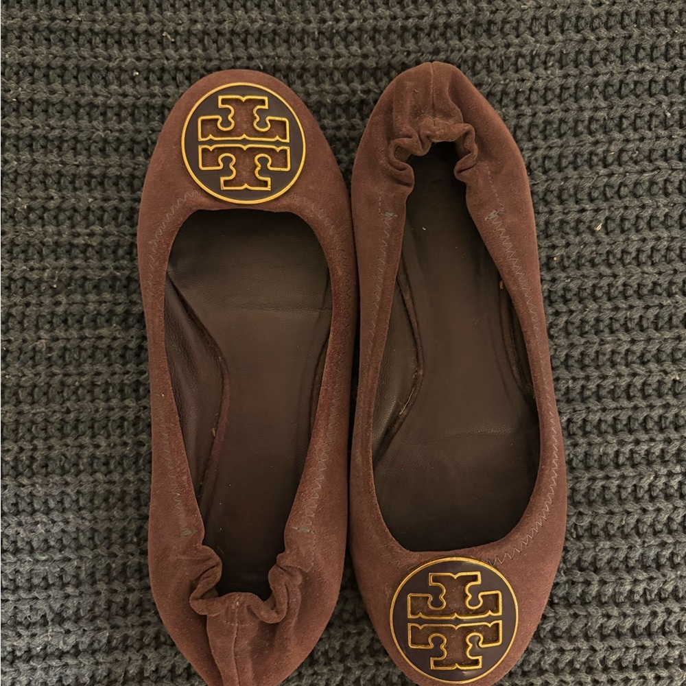 Tory Burch Purple Velvet Flats with Gold Logo